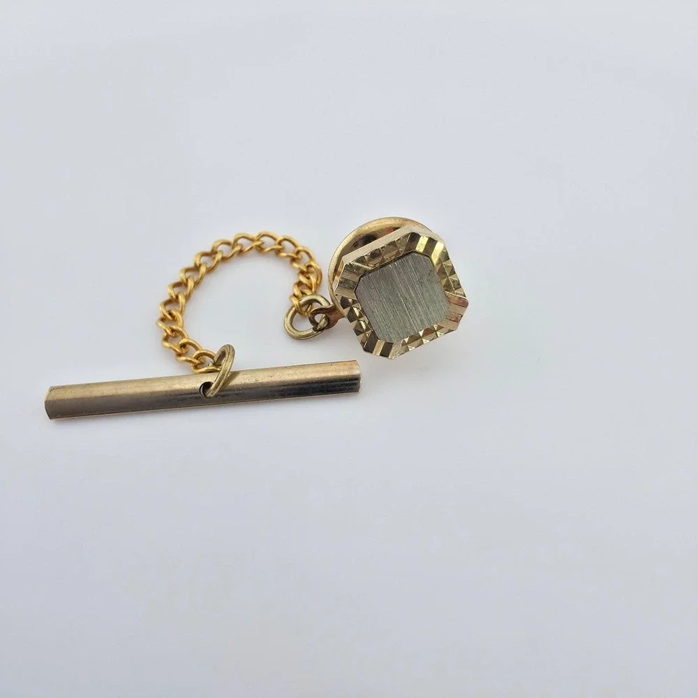 Vintage SWANK Tie Tack Clip Cufflink Set Diamond Cut Border Silver Gold Tone